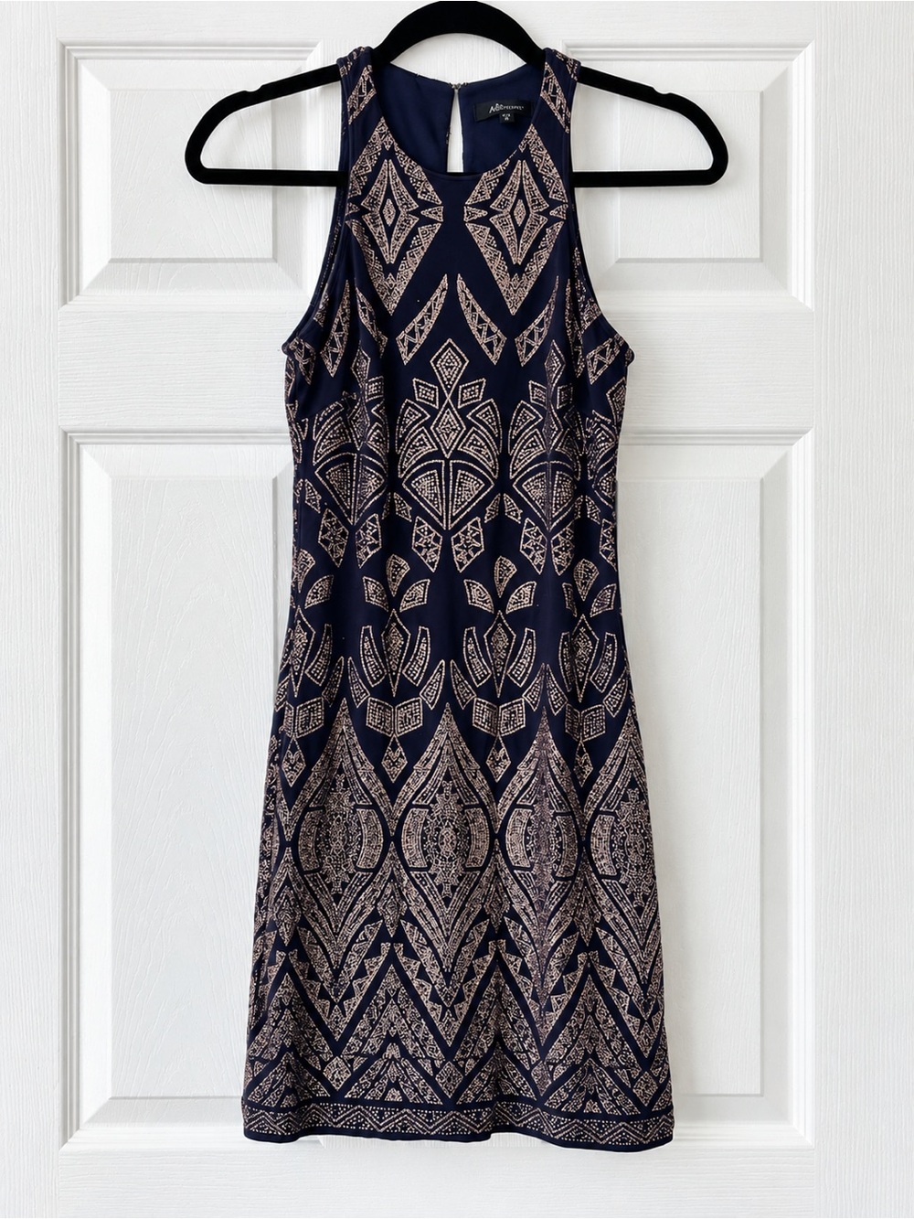 Vintage Jump Apparel S Navy Rose Gold Glitter Art Deco Stretch Mini Dress